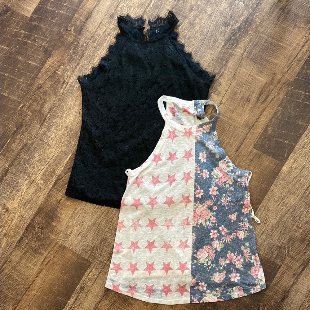 Bundle of 2 sleeveless tops black lace and star/floral contrasting
